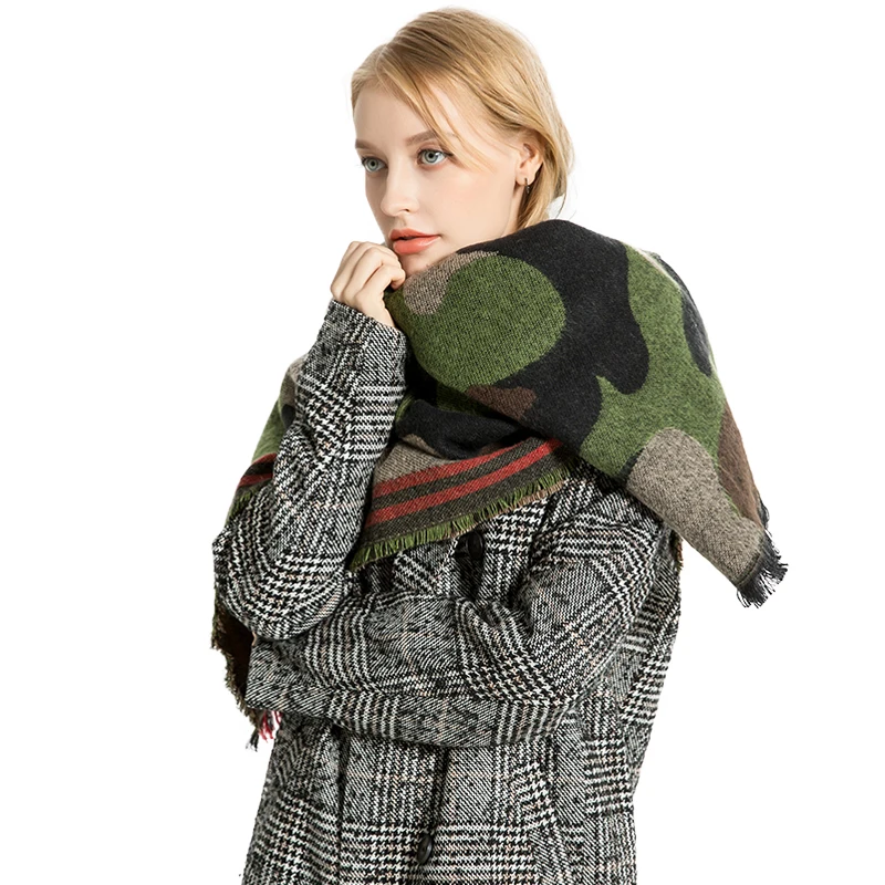 Женский шарф из кашемира FS теплый армейский зеленый Камуфляжный жаккардовый