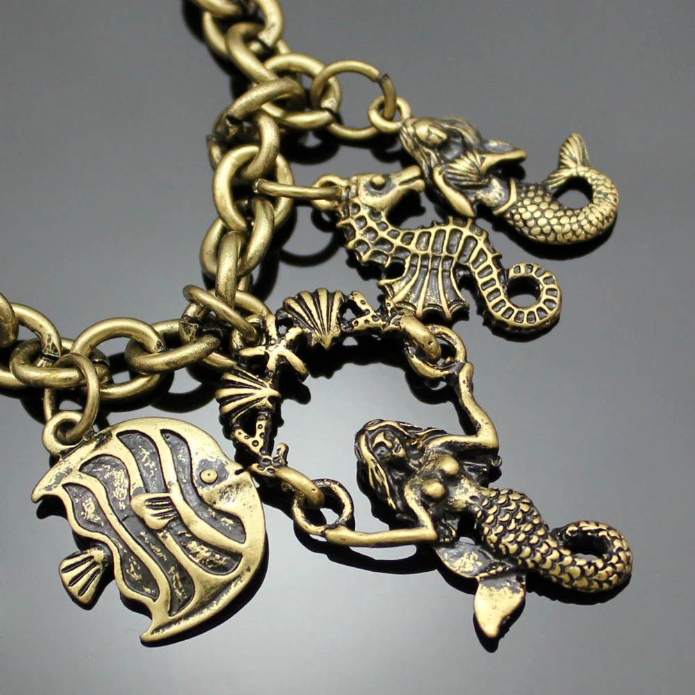 Retro Princess Ariel Mermaid Sea Horse Conch Charm Toggle Cuff Bangle Chain Bracelets For Women bileklik pulseira feminina DIY | Украшения