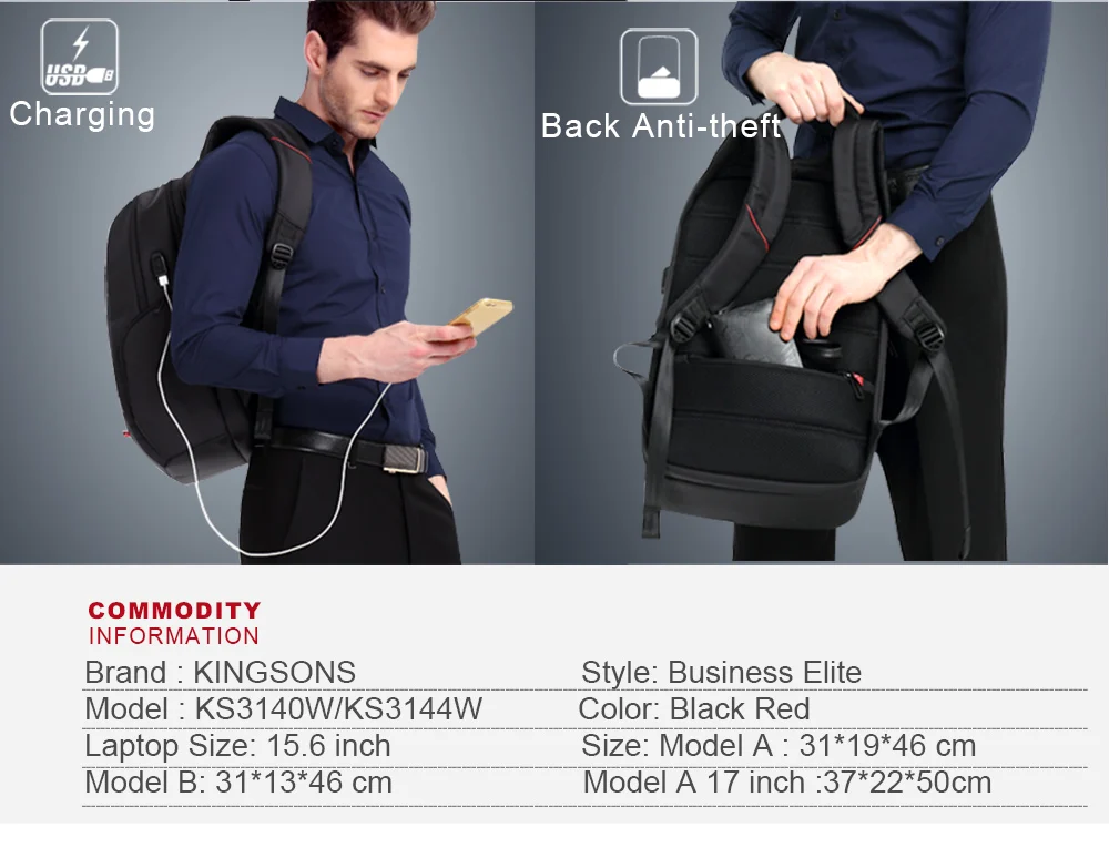 Kingsons мужской школьный рюкзак для ноутбука Mochila 15,6 17 водонепроницаемый для женщин внешний USB зарядка дорожная Противоугонная деловая сумка