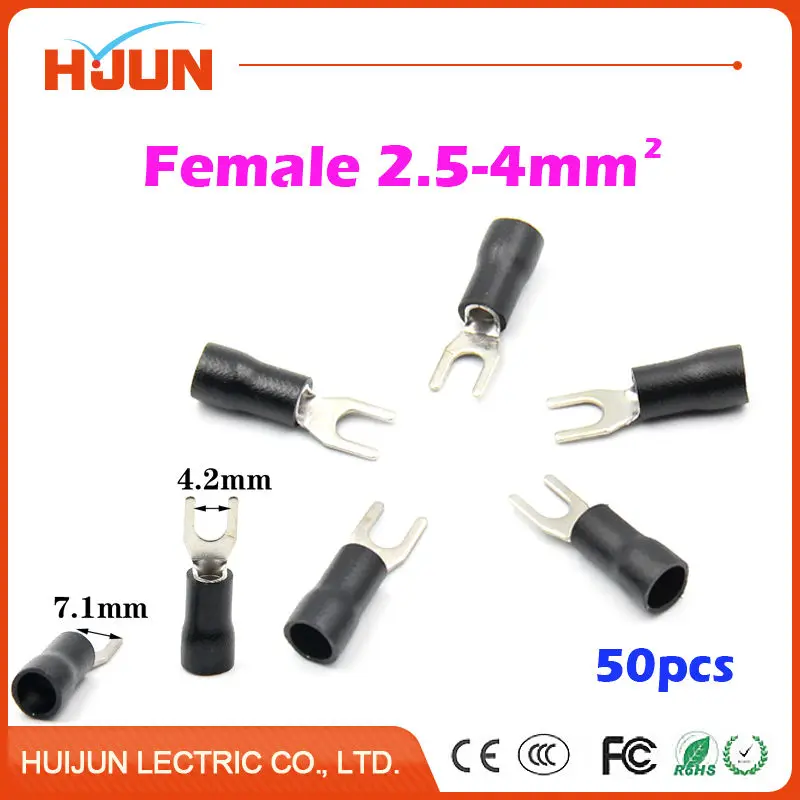 

50pcs/lot V3.5-4 Insulated Fork Wire Splice Connector Copper Electrical Cable Crimp Spade Terminal Cold Pressing for 2.5-4mm2