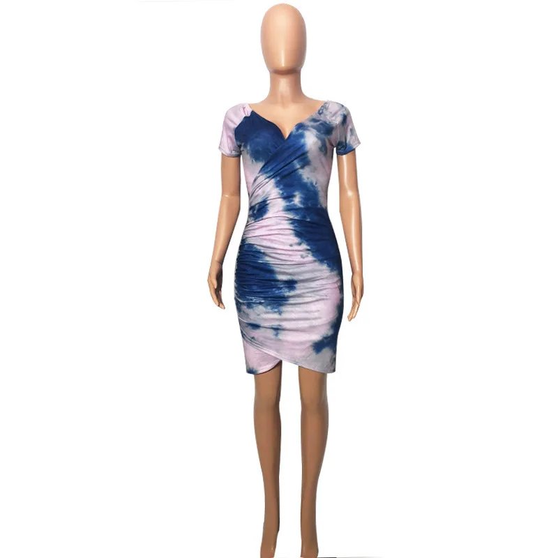 Модное женское летнее платье с принтом короткий рукав v образный вырез