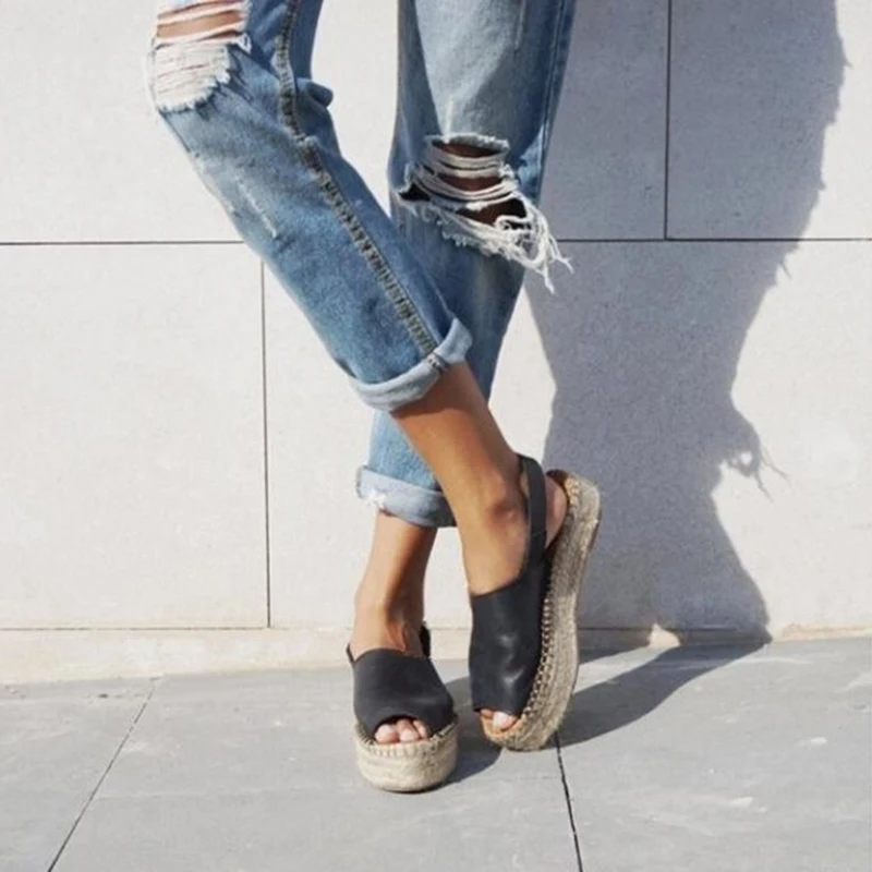 Новые Босоножки на платформе Женские босоножки танкетке Кожаные сандалии