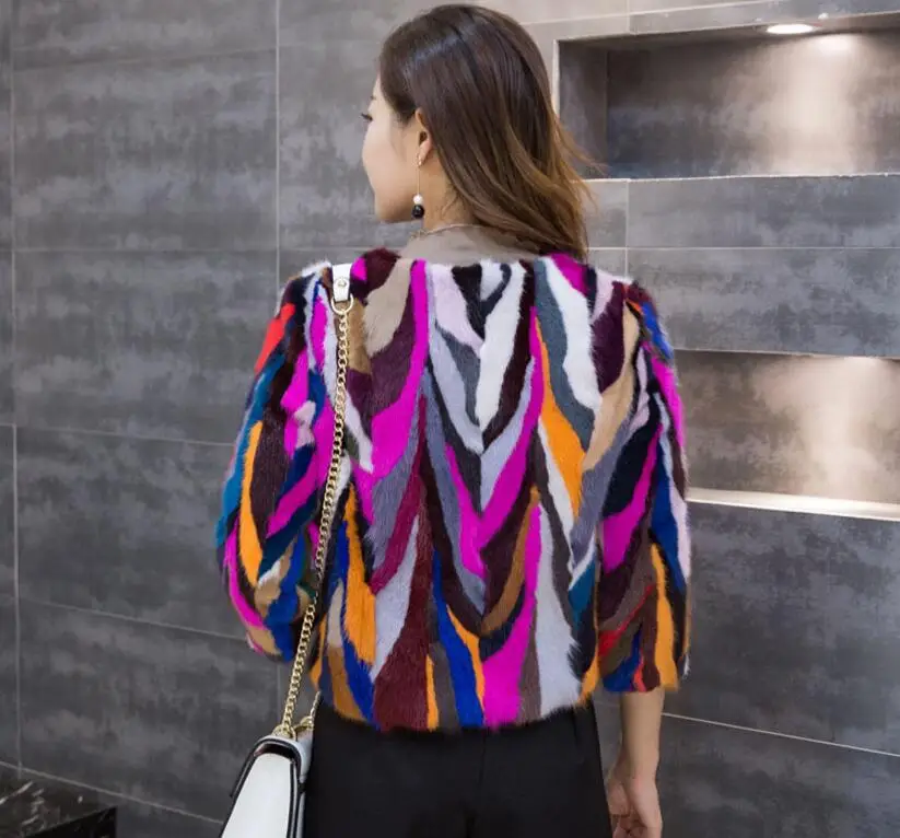 Осенне зимнее Новое цветное пальто из норкового меха женское короткое