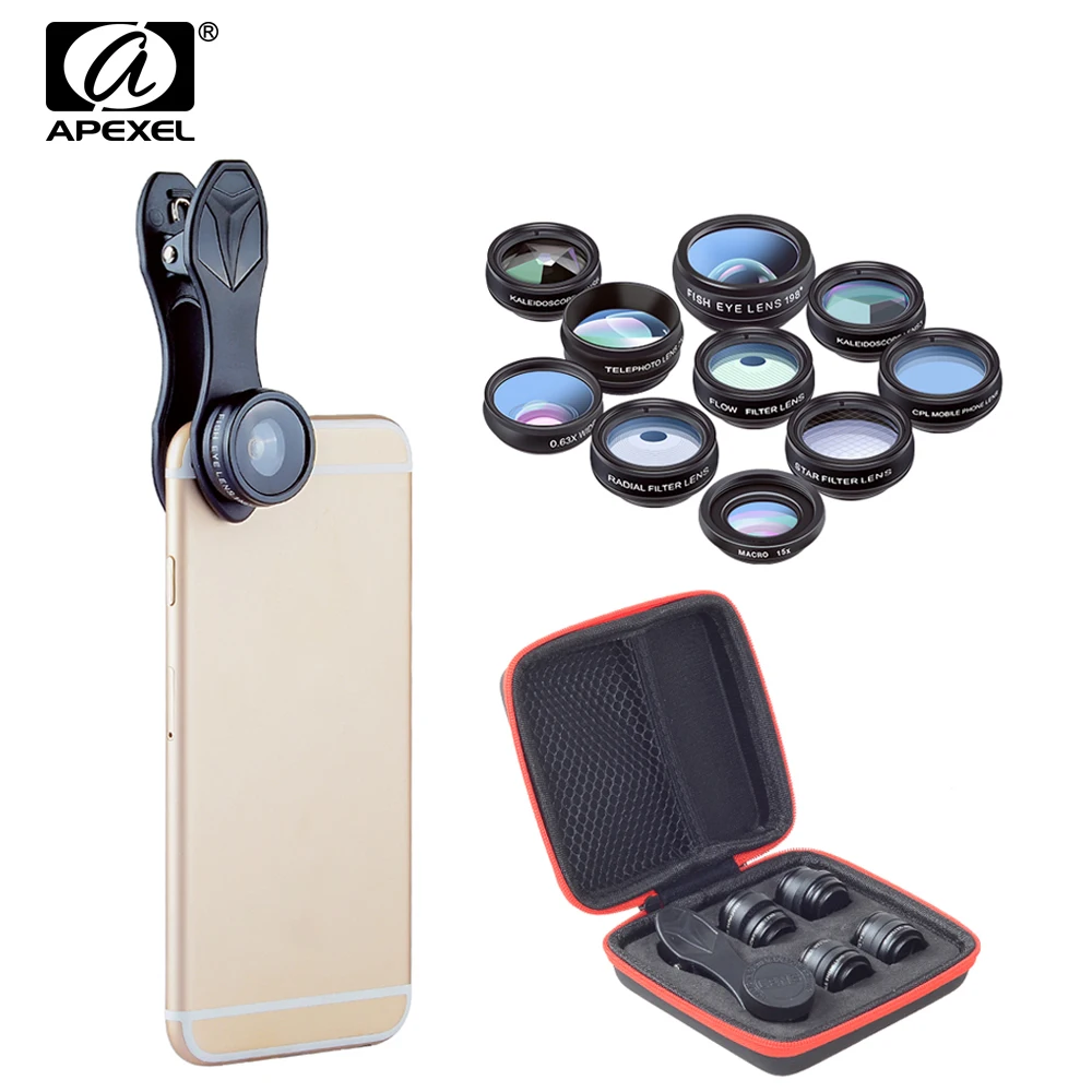Apexel 10in1 HD 2X телескоп Оптические стёкла рыбий глаз Широкий формат макро Lentes для iPhone 6 S 7 8 x смартфонов сотового телефона объективы для фотоаппаратов комплект