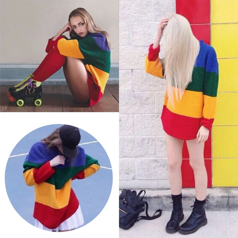 Мода свитер для женщин новые модные Винтаж джемпер с длинным рукавом Rainbow