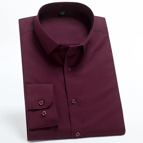 Burgundy Мужские Молодежные повседневные стандартные одноцветные Рубашки Без карманов на груди с длинным рукавом на пуговицах легкая офисная Модная рубашка - Цвет: Burgundy