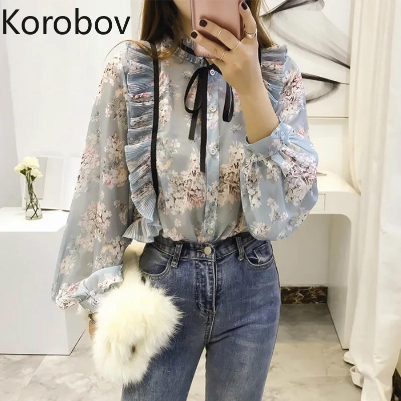 Korobov новая Корейская элегантная женская блузка с оборками на шнуровке с бантом с длинным рукавом с цветочным принтом рубашки на одной пуговице шифоновые Блузы 77781