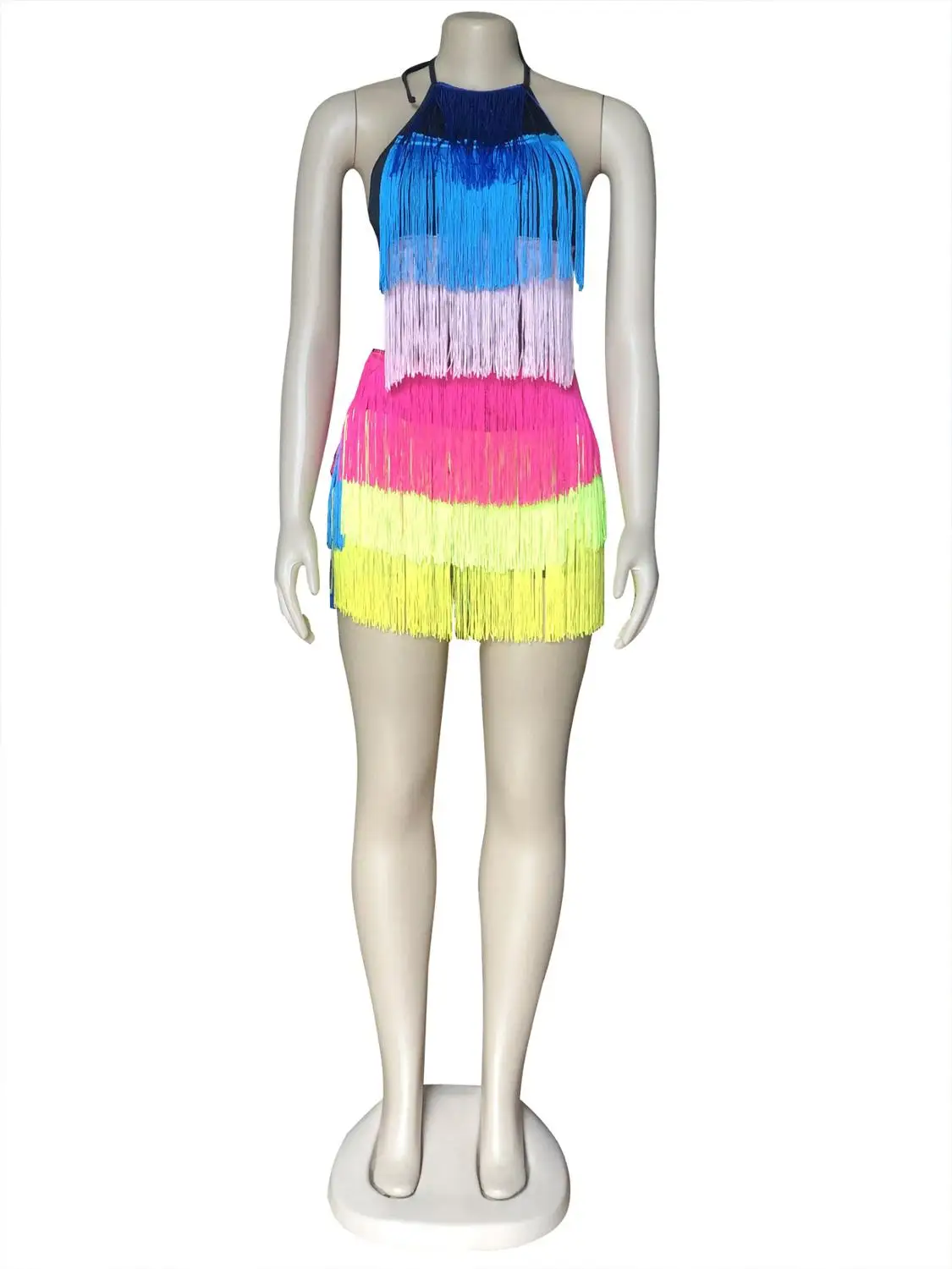 

Echoine Summer Halter Sleeveless Cascading Tassel Colorful Ruffles Jumpsuit Women Sexy Off Shoulder Backless Club Short Playsuit