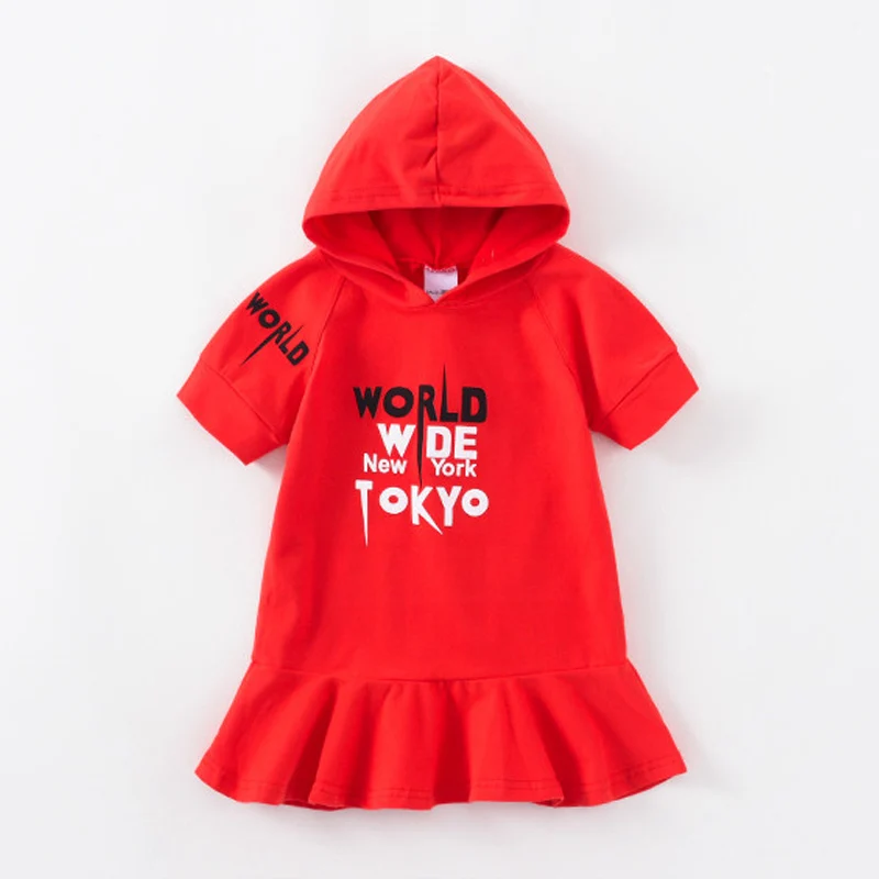 Летнее платье для девочек детское хлопковое Спортивное с капюшоном модное