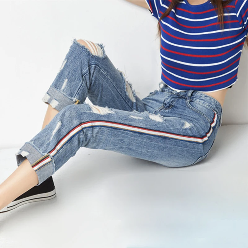 Парксайд ветер Side Striped Джинсы для женщин Для Рваные джинсы Омывается отбеленные