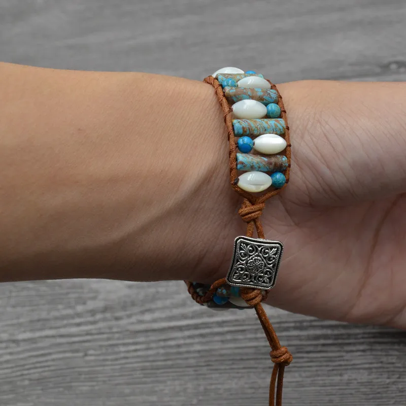 Vintage Natural stone Wrap Bracelet Women Fashion Tube Shape For Single Layer Shell Leather Beaded | Украшения и аксессуары