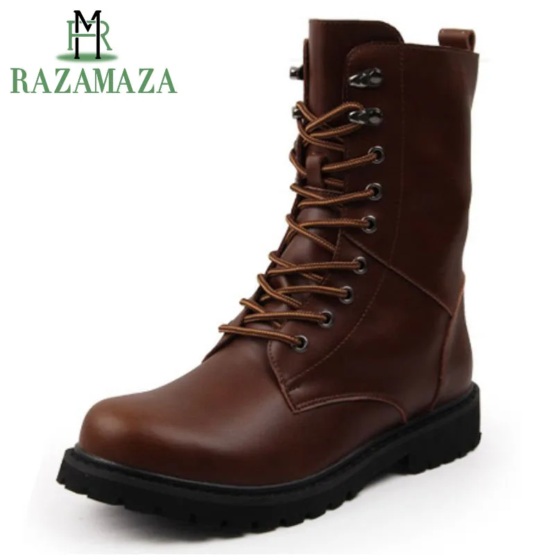 ZALAVOR зимние Винтаж мужской из натуральной кожи ботинки до середины икры обувь на