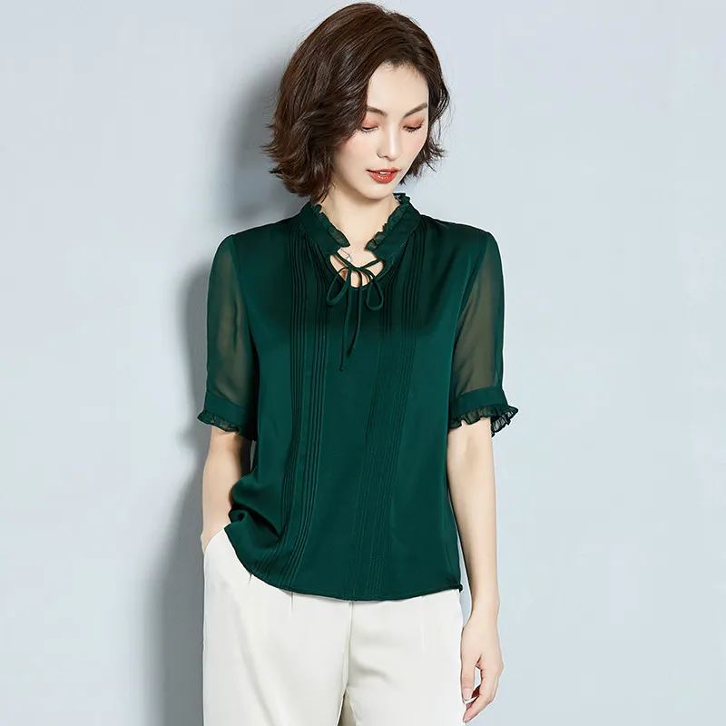 Green AYUNSUE, летняя мода, натуральный шелк, Blusas Mujer De Moda,, элегантная повседневная женская блузка с v-образным вырезом, женский топ с коротким рукавом S19X258 - Цвет: Green