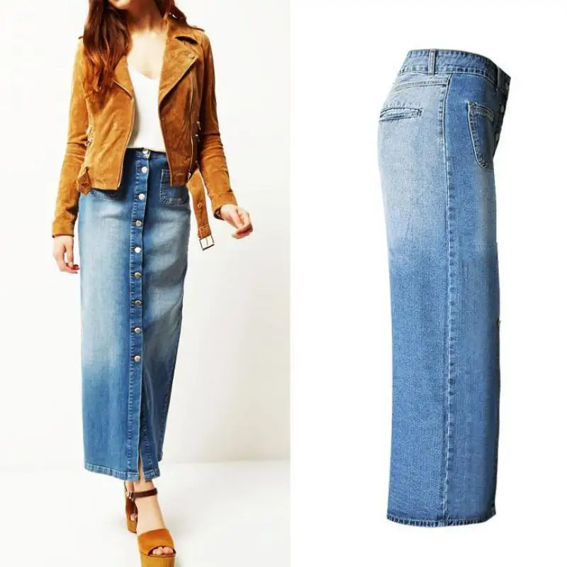 Для женщин прямые Джинсовые юбки Высокая Талия Длинные кнопка тонкий юбка с