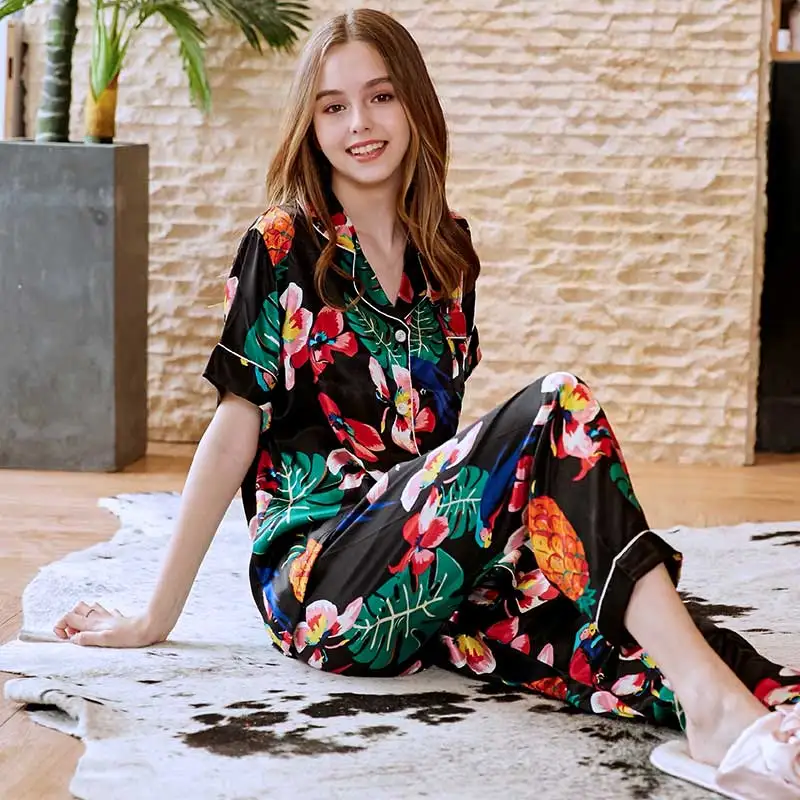 Женский пижамный комплект ночное белье костюм для сна шёлковые брюки костюмы