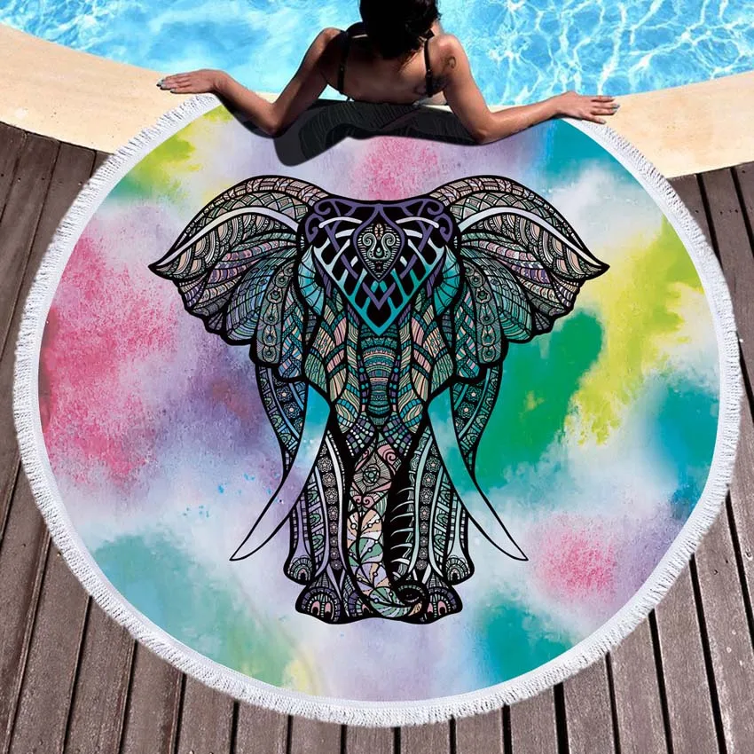 

WHQ 150*150cm Elephant Round Beach Towel Mandala Printed Microfiber SHOWER BATH TOWELS Summer Swimming Shawl Yoga Mat Tassel