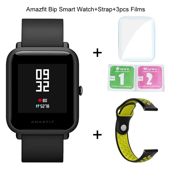 Add 1 Strap 3 Films Оригинальные Смарт-часы Xiaomi Amazfit Bip, фитнес-трекер, gps, умные часы, IP68, водонепроницаемые, 45 дней, срок службы батареи, пульсометр - Цвет: Add 1 Strap 3 Films