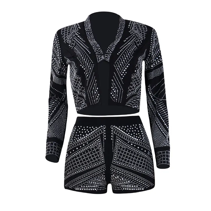 Black GACVGA Diamond из двух частей пальто с длинными рукавами и брюки комбинезон для женщин Ropmers Bodycon Playsuit пикантные Клубные Топы - Цвет: Black