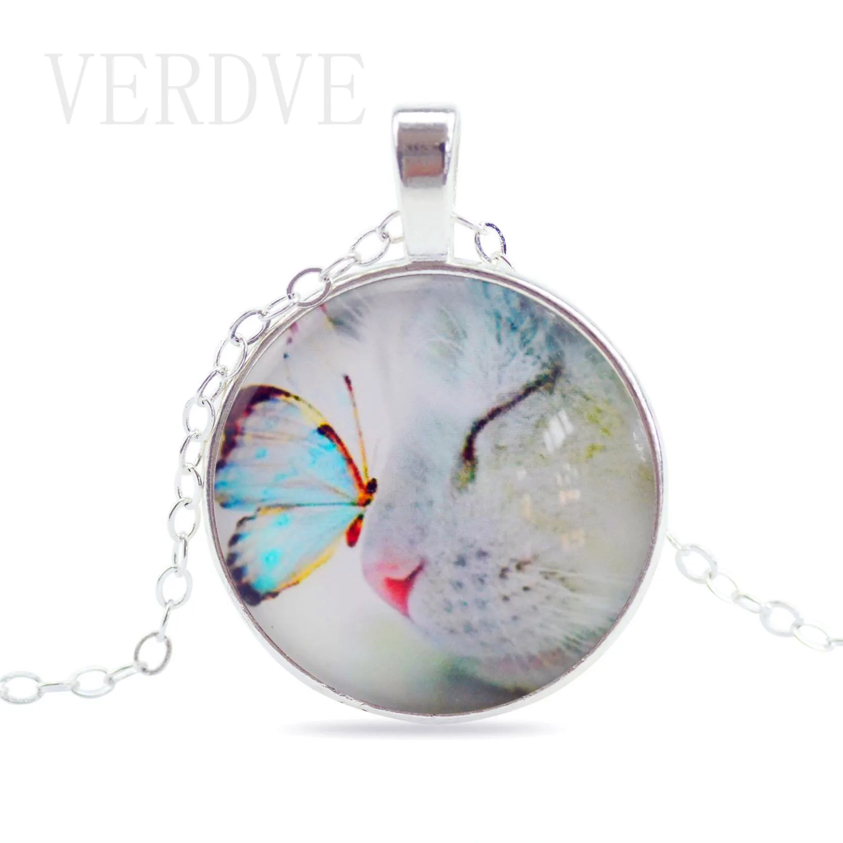 VERDVE Vintage Fine Jewelry Glass Cabochon Necklace&ampPendant Butterfly Statement Chain Necklace Silver Color Women | Украшения и