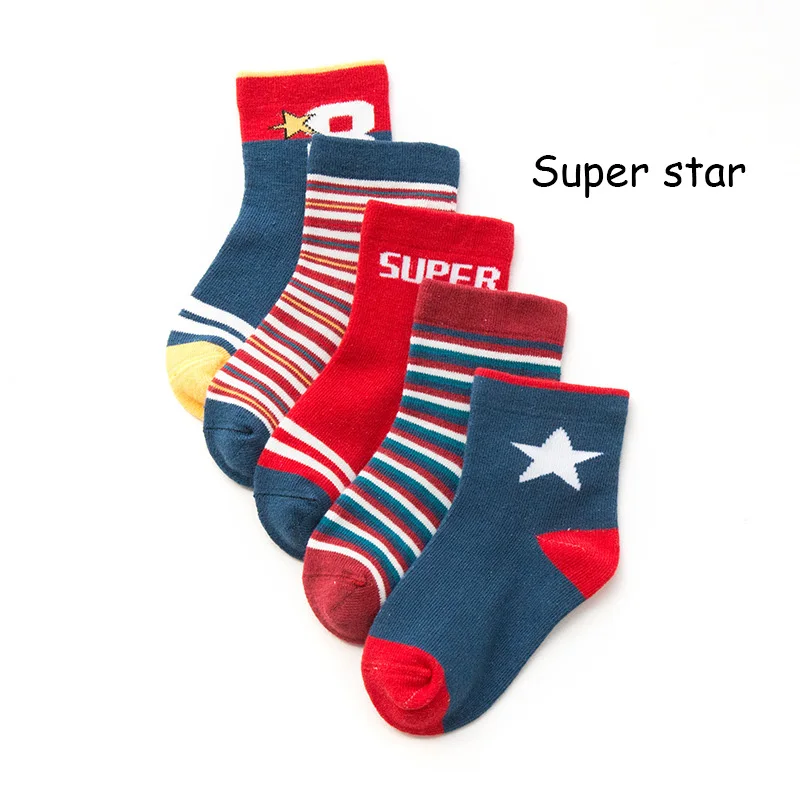 Super star set 5 пар/набор Детские хлопковые носки осень-зима носки с мультяшным рисунком для мальчиков и девочек детские, средней носки без пятки - Цвет: Super star set