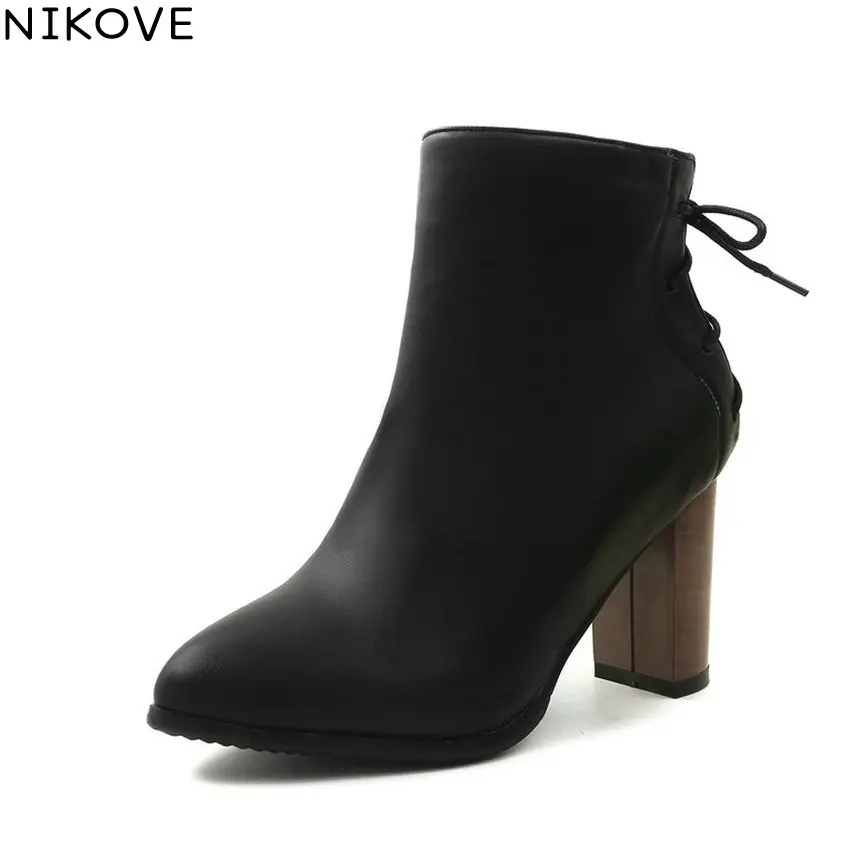 

NIKOVE 2019 Women Shoes Zipper Cross-tied Ankle Boots Pointed Toe Square High Heels Shoes Fashion Autumn Woman Boots Size 34-43