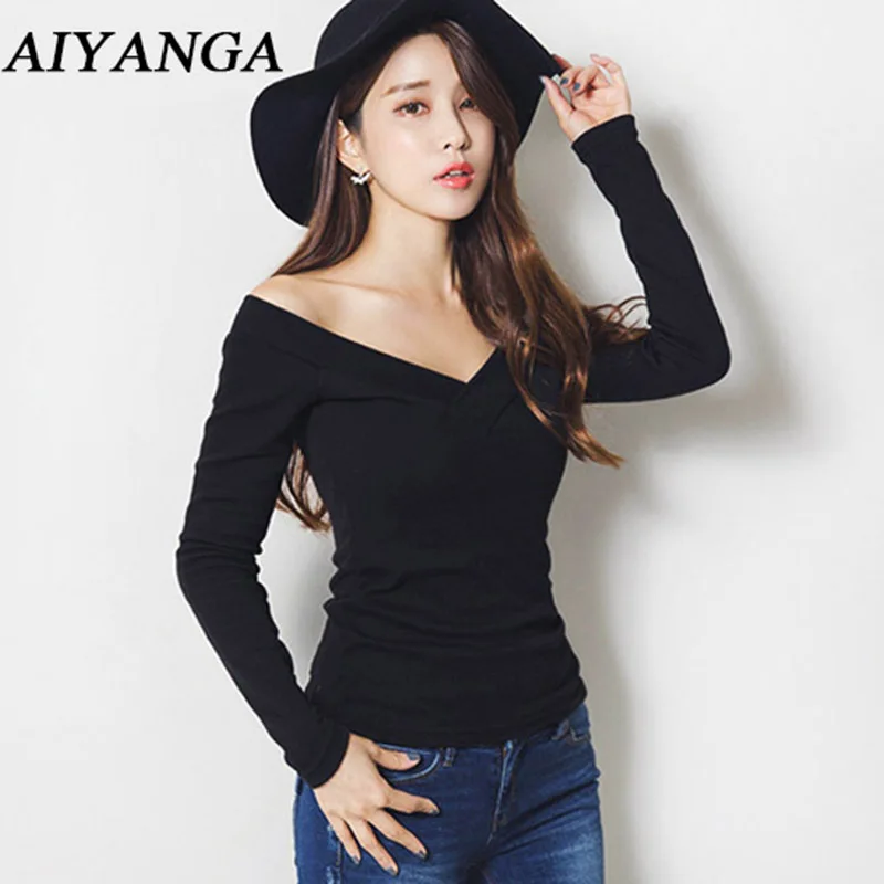 Женская хлопковая Футболка с V образным вырезом большие размеры|t-shirt for women|long sleeve
