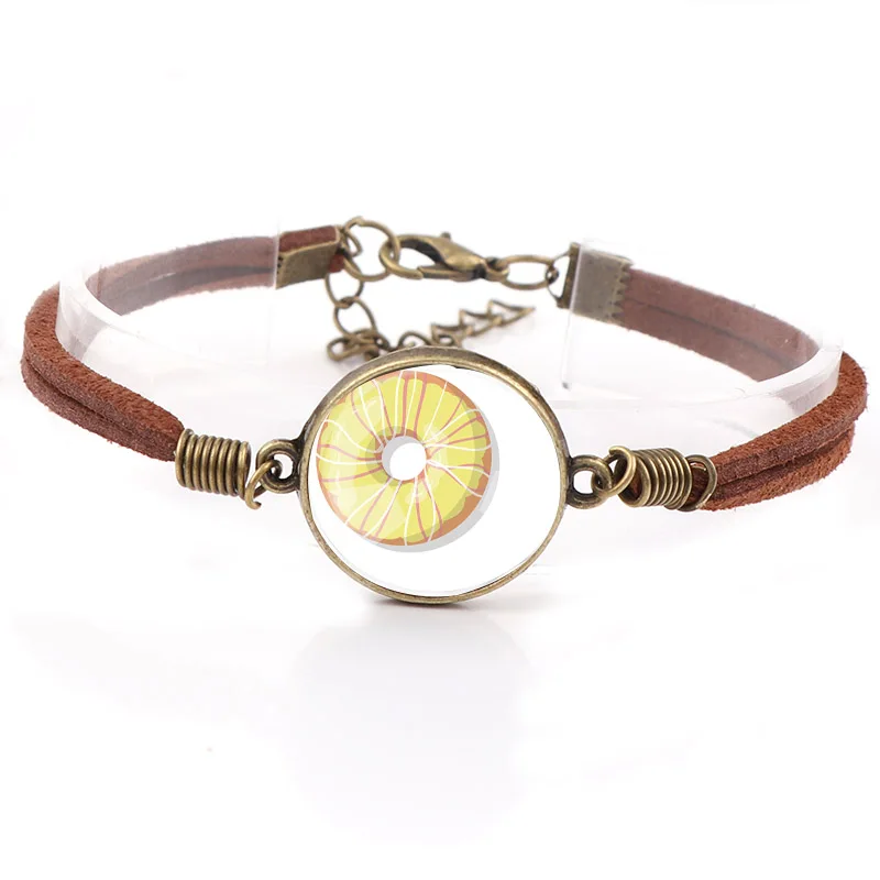 

Interchangeable Vintage Metal Mixed Delicious Doughnut Glass Cabochon Double Leather Bracelets DIY Personalized Jewelry Finding
