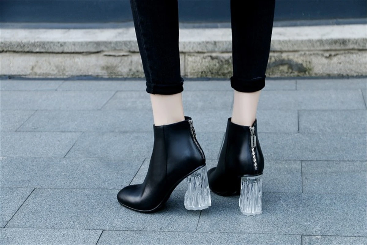Top Quality Women Winter Boots Genuine Leather Square Toe High Heel Black Transparent Back Zipper Ankle | Обувь