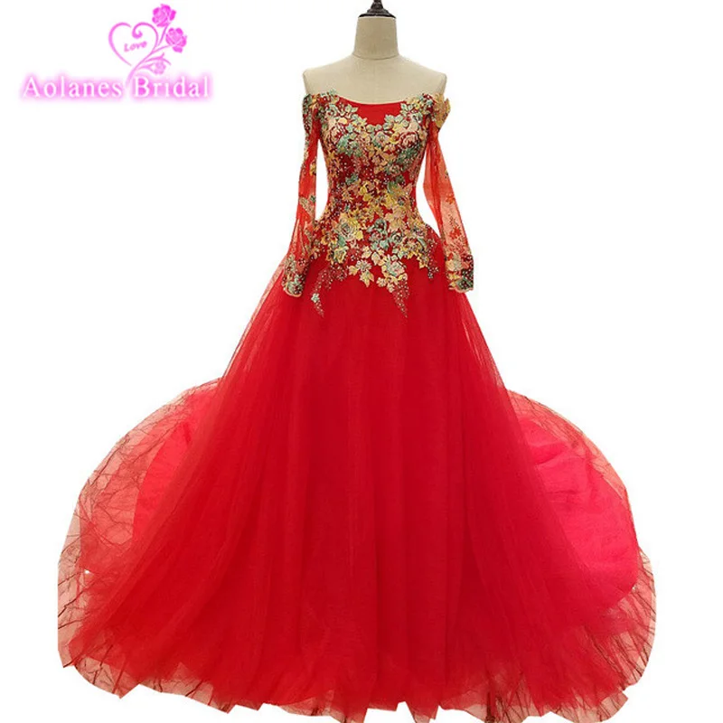 AOLANES 2017 Vestido De Noiva длинное красное вечернее платье с вышивкой и цветами расшитое