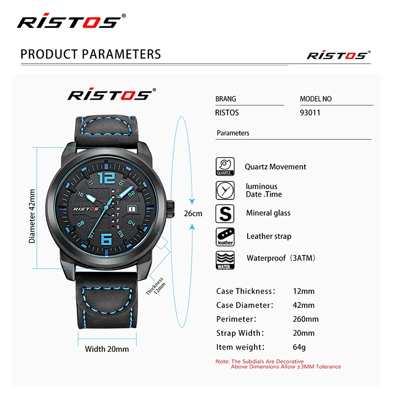 RISTOS Топ люксовый бренд мужские спортивные военные кварцевые часы Мужские