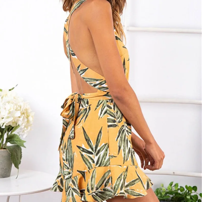 

Floral Women Fashion Playsuit Summer Backless Jumpsuit Deep V Straps Print Sling Romper