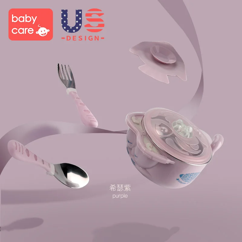Purple-3 pieces BabyCare 5 шт./компл. детский браслет из силиконовой нержавеющей стали столовые приборы для младенцев посуда с мультяшными присосками салат глубокая чаша набор - Цвет: Purple-3 pieces