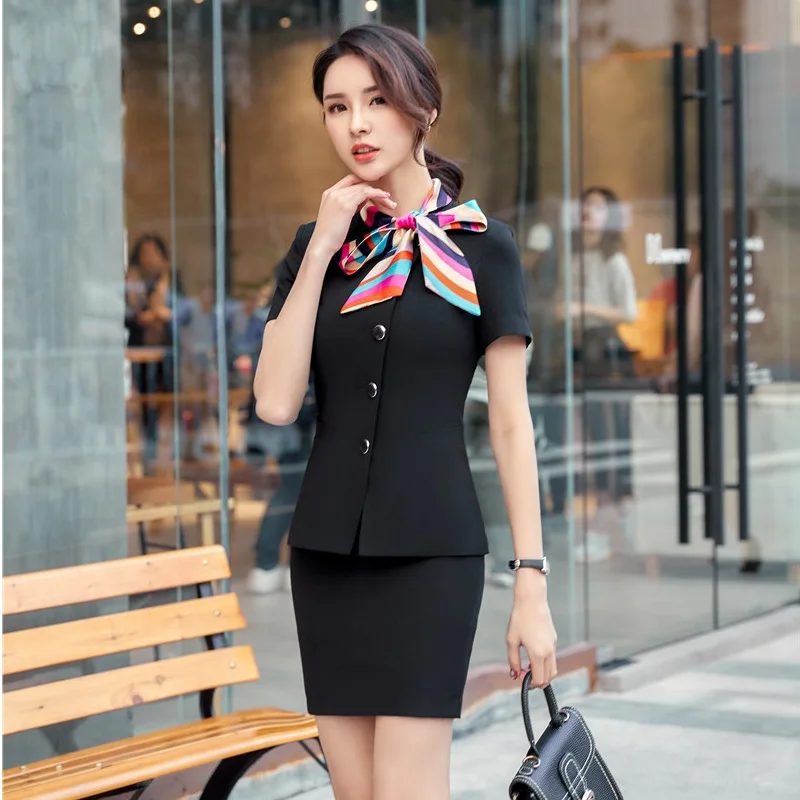 

New Styles 2018 Summer Formal Blazers Suits With Tops And Skirt Ladies Career Interview Job Women Uniforms Sets With Scarf