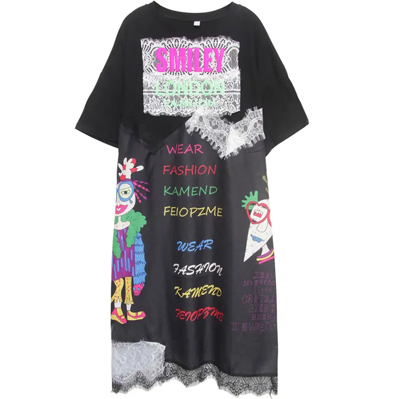 XITAO Street Lace Dress Women Clothes 2019 Notched Collar Irregular Print Letter Pattern Wild Joker Pullover Elegant WBB4191 | Женская