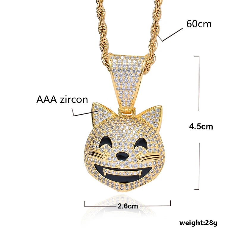 Bling Cute Smile Expression Kitty Animal Pendant Necklace Cubic Zirconia Hip Hop Iced Out Jewelry | Украшения и аксессуары