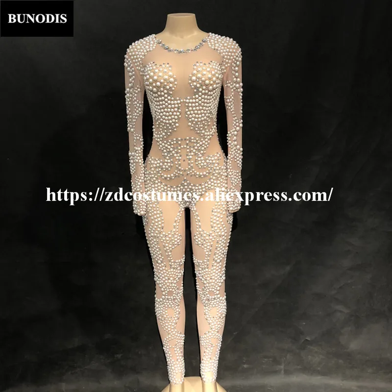 ZD272 Women Sexy Net Yarn Jumpsuit Full Of Sparkling Crystals Pearls Bodysuit Fashion Show Nightclub Party Birthday Bling