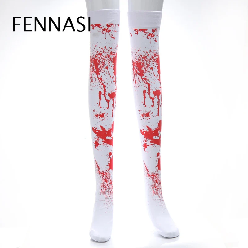 

FENNASI Halloween Masquerade Women Stockings Carnival Party Prop White Stockings Zombie Bloody Nurse Cosplay Stockings