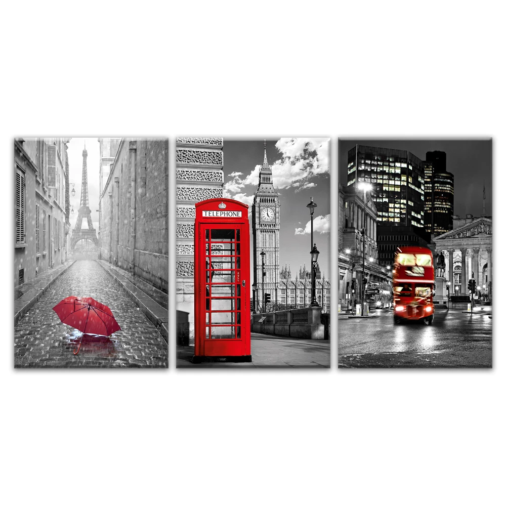

JIE DO ART Modern Wall Art Framework Canvas Pictures 3 Pieces Paris Black White Eiffel Tower Red Car Umbrellas Paintings Posters