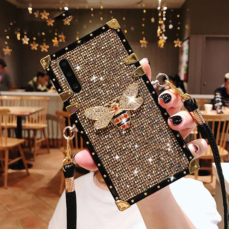 Fashion Rivet Square Bling Glitter Lanyard Phone Case For Samsung Galaxy S10 S9 S8 Plus S10e Note 9 8 A50 A70 Back Cover Fundas
