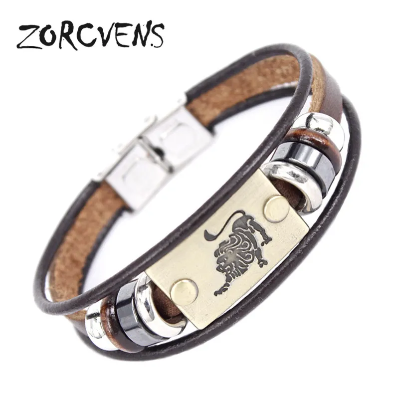 ZORCVENS 2021 New Fashion 12 Constellation Signs Bracelets Bangles Stainless Steel Leather Bracelet for Men | Украшения и