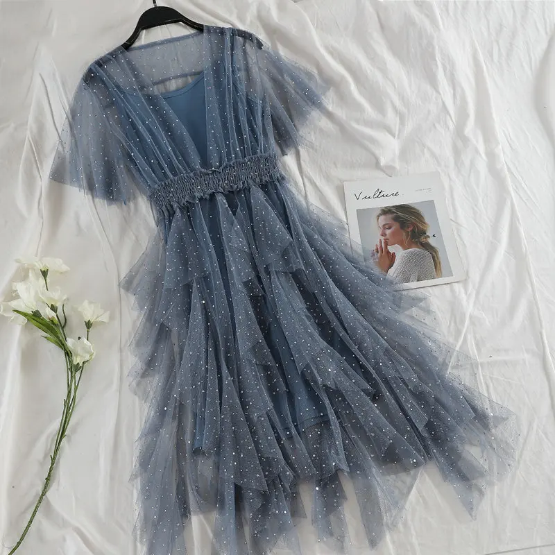 Women Dress Женское летнее платье с v-образным вырезом и расклешенными рукавами, с блестками, с оборками, Тюлевое платье, эластичное, тонкое, асимметричное, пуловер, сетка, марля, вуаль, платье миди - Цвет: Women Dress