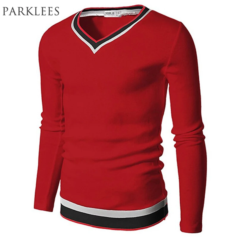 Брендовая мужская футболка новинка 2016 длинный рукав облегающая v-образный вырез