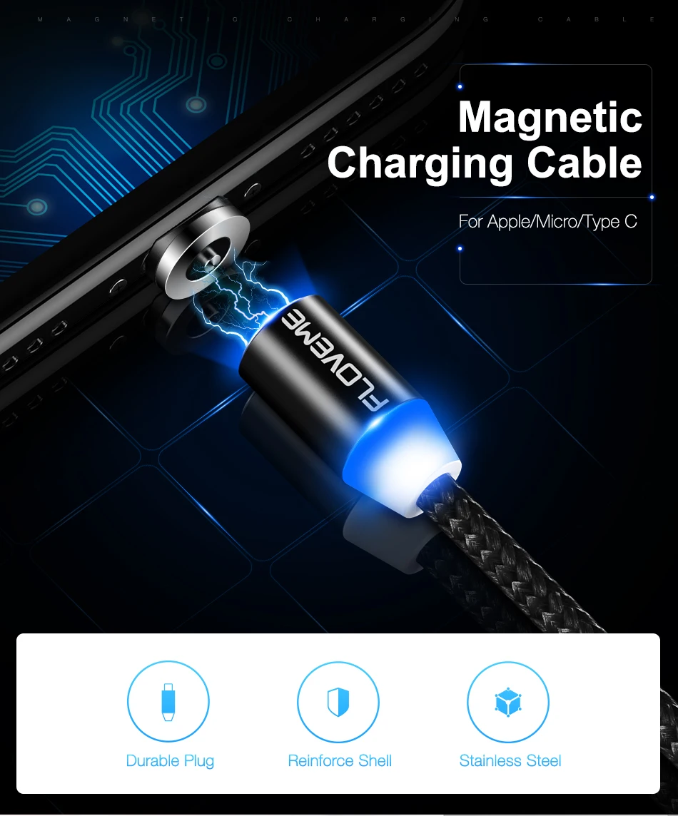 Floveme Магнитный кабель micro Тип USB-C Освещение для iphone Samsung S9 S8 зарядки Плетеный Нейлоновый магнит Зарядное устройство Кабос кабель C