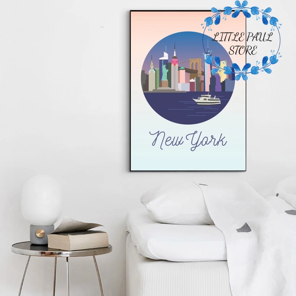 Лос-Анджелес, Нью-Йорк, Вашингтон, округ Колумбия: городское искусство на холсте постера для гостиной без рамки.