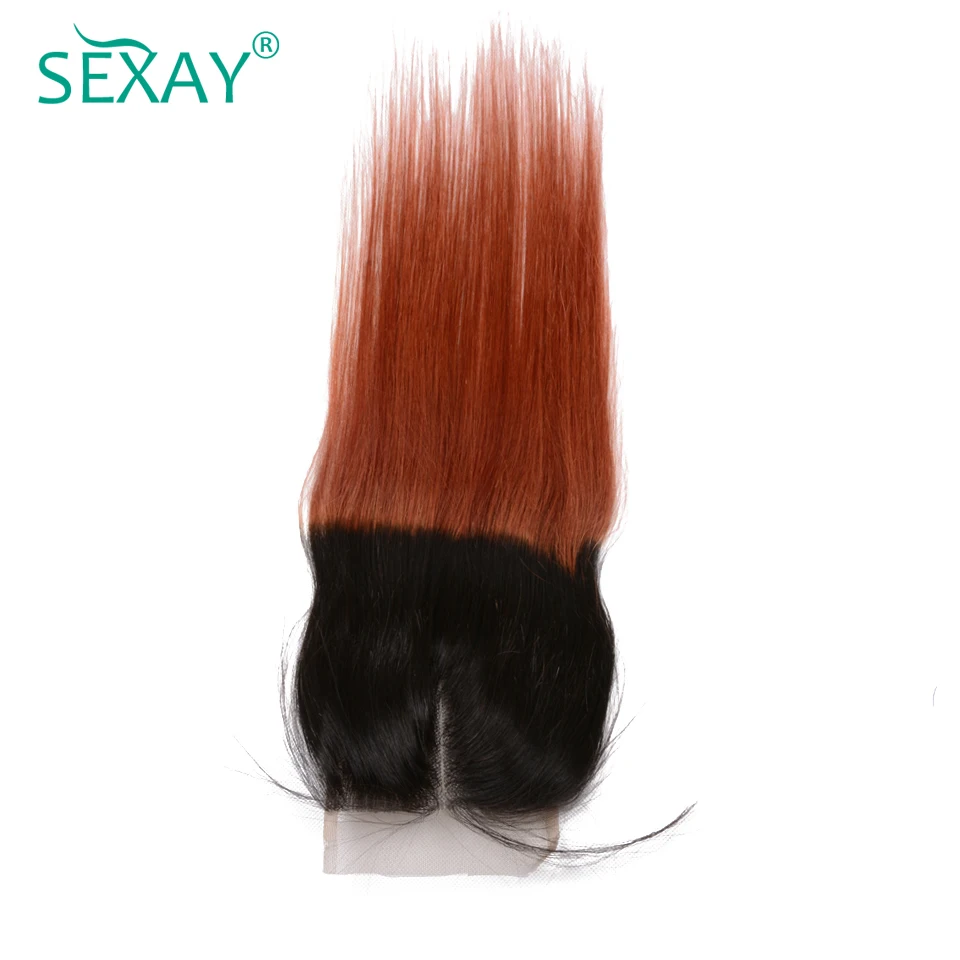 Sexay Ombre Color Hair Brazilian Straight Hair Lace Closure With Baby Hair 2 Tone 1B/350 Orange Color Hair Non Remy Lace Closure