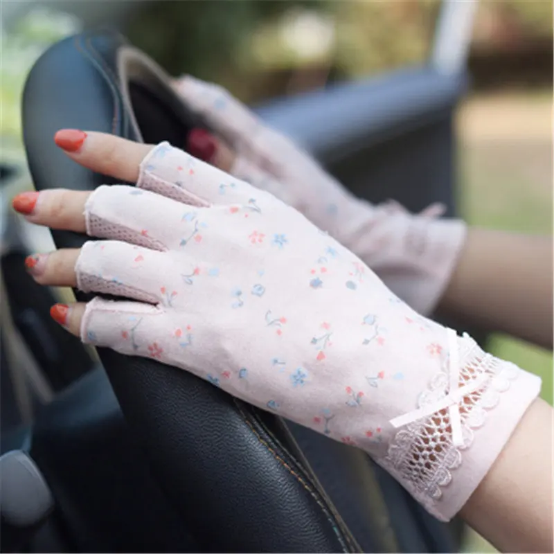 light pink Летние солнцезащитные перчатки с полупальцами женские из чистого хлопка с цветочным принтом для вождения противоскользящие Анти-УФ тонкие женские варежки TB49 - Цвет: light pink