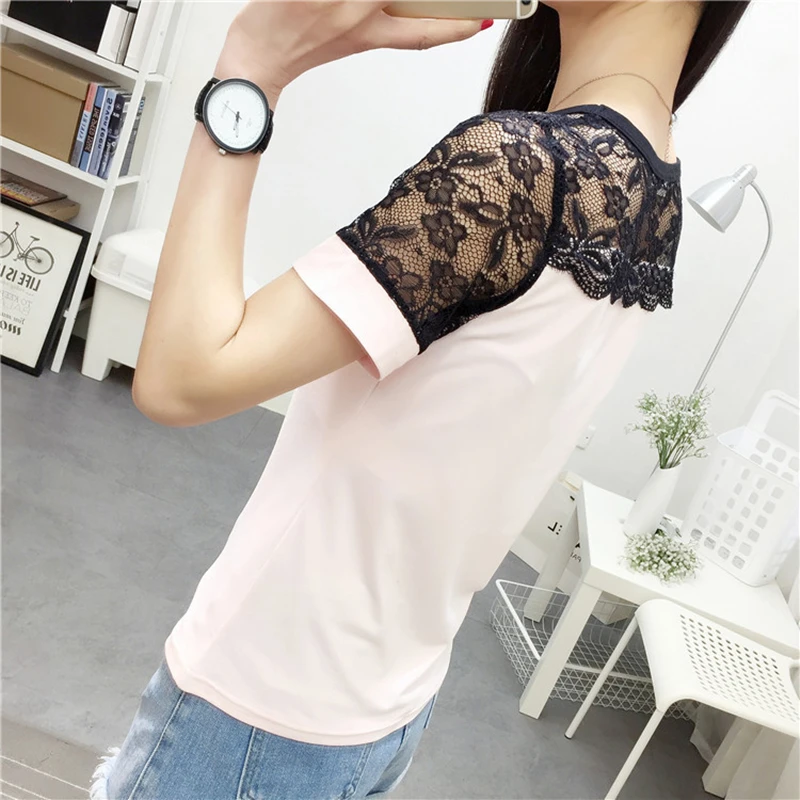 Новый 2019 Для женщин блузка рубашка черного цвета с кружевным украшением на