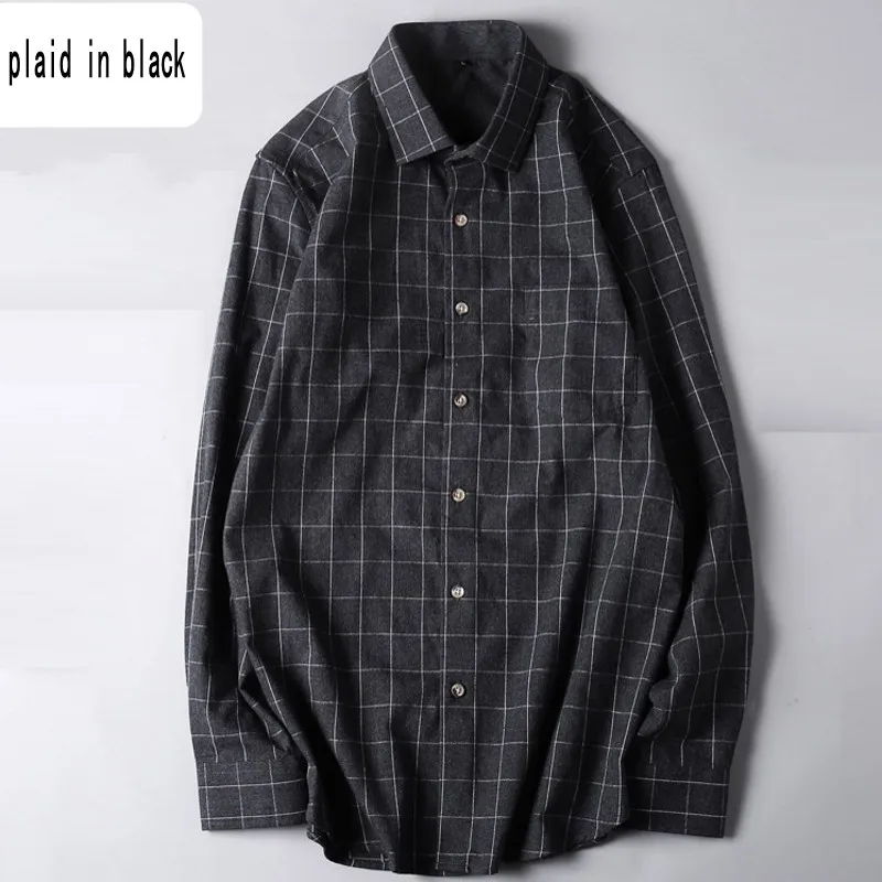 plaid in black Черные синие весенние мужские рубашки размера плюс 6xl 7xl, хлопок, военные мужские рубашки с длинным рукавом, одноцветные шерстяные рубашки с отложным воротником - Цвет: plaid in black
