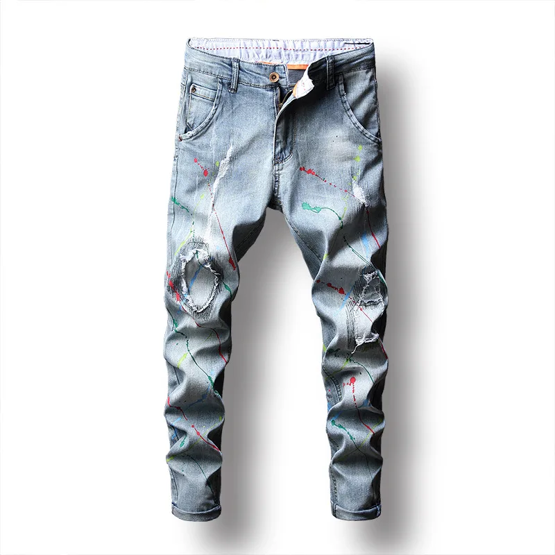 

2019 Jeans Men Spring Summer Casual Ripped Knee Hole Printing Pants Denim Fashion Slim Trend Straight Pants Plus Size