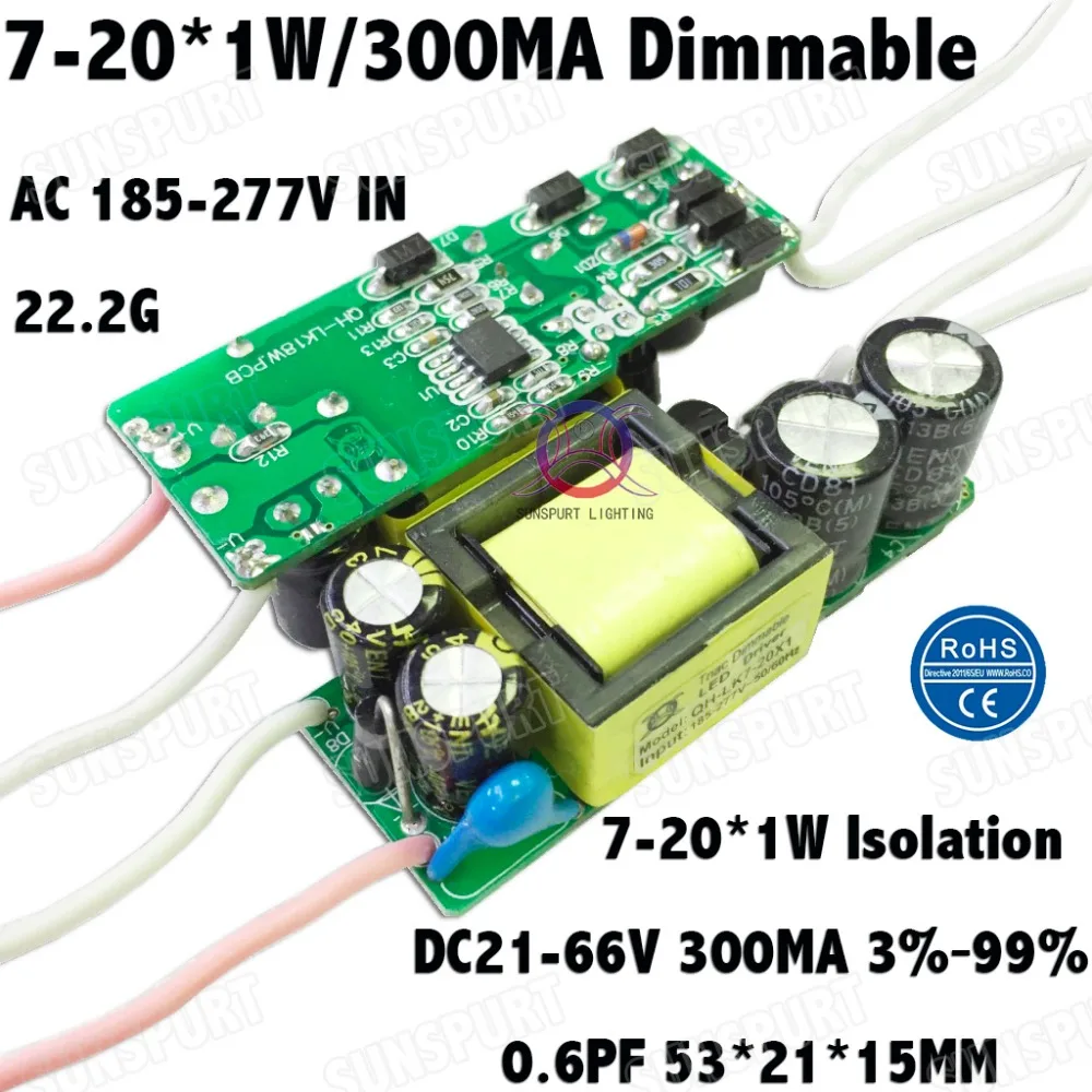 5 шт. изоляция 20 Вт AC185 277V светодиодный Диммируемый драйвер 7 20x1W 300mA 3% 99% DC21 66V